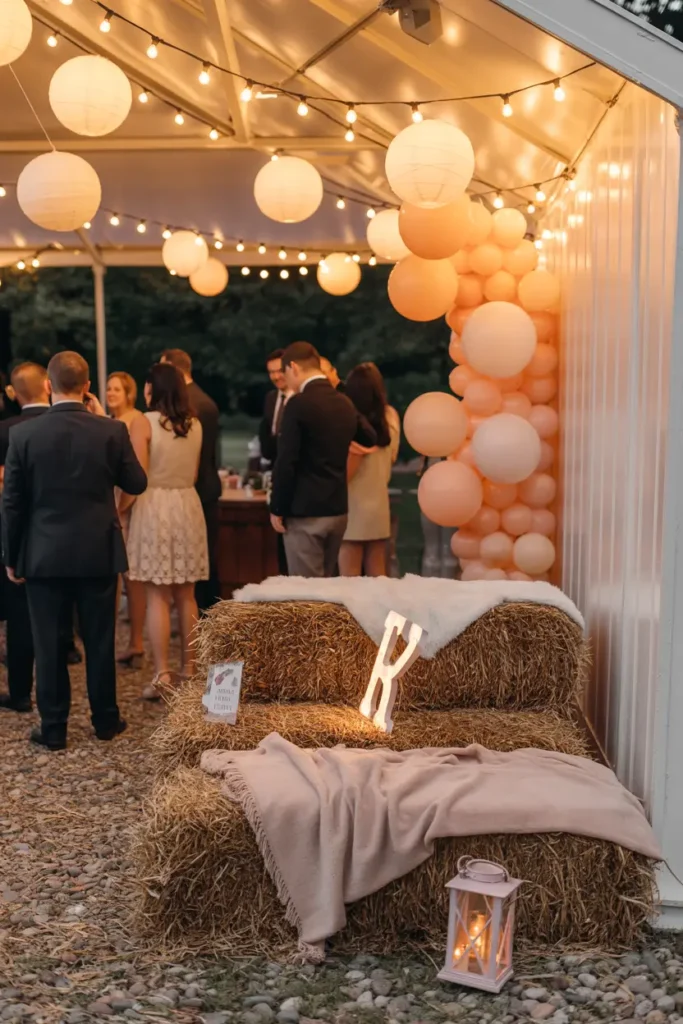 Farm baby shower photo area with stacked hay bales covered in soft blankets, wooden barn backdrop, pastel balloon garland, vintage lanterns placed on floor, warm golden lighting creating cozy glow, rustic textures blended with baby shower softness, styled for Pinterest photography with layered countryside charm and relaxed celebratory atmosphere.