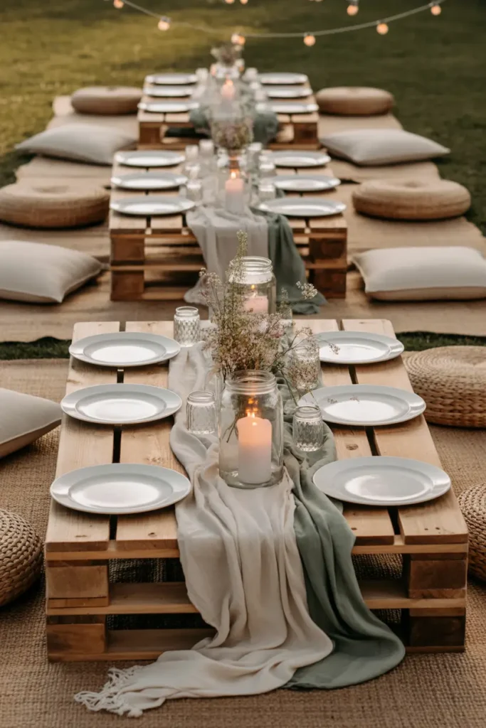 Outdoor garden picnic with low wooden table placed on grass, soft linen table runner flowing naturally, ceramic plates and glass drinkware arranged neatly, candles in small holders glowing softly, pastel cushions surrounding table, lush greenery in background, warm evening lighting, realistic Pinterest aesthetic, cozy gathering mood with natural textures, balanced composition, soft shadows, and inviting atmosphere.