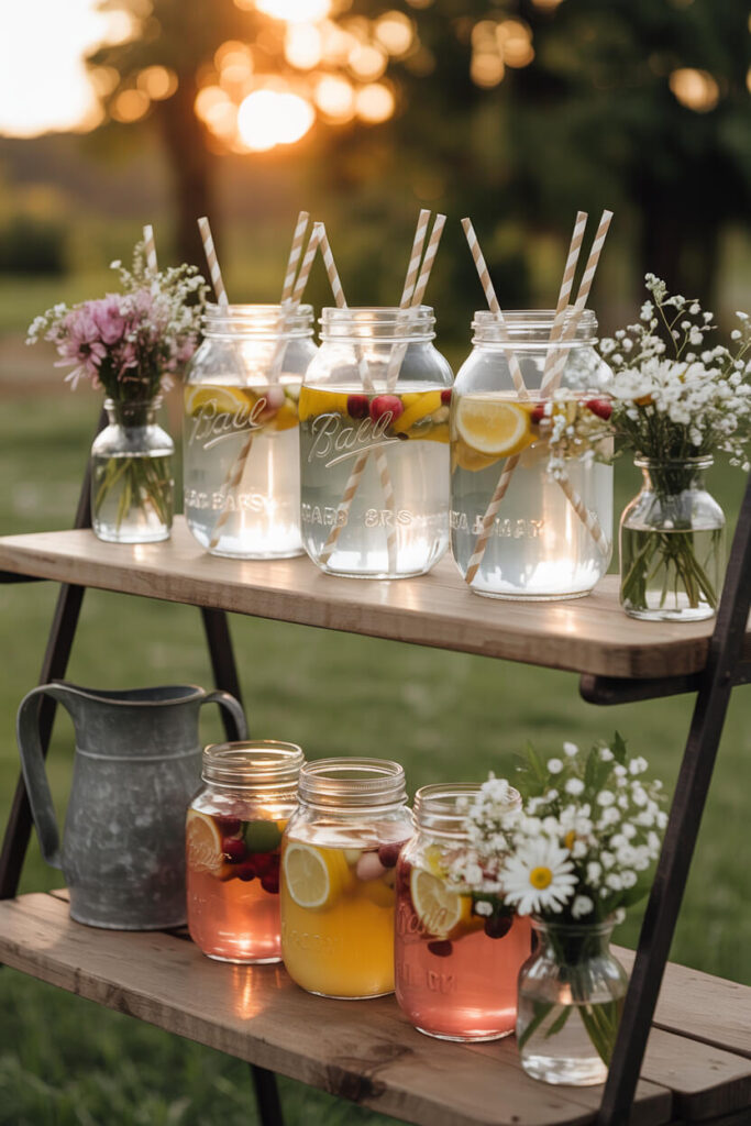Farm baby shower drink station styled with wooden shelves holding mason jars filled with lemonade and fruit-infused water, striped paper straws, vintage pitchers, soft wildflower arrangements, warm afternoon sunlight glowing through glass jars, rustic farmhouse textures, cozy neutral palette, airy Pinterest-style photography with natural lighting and inviting countryside mood.