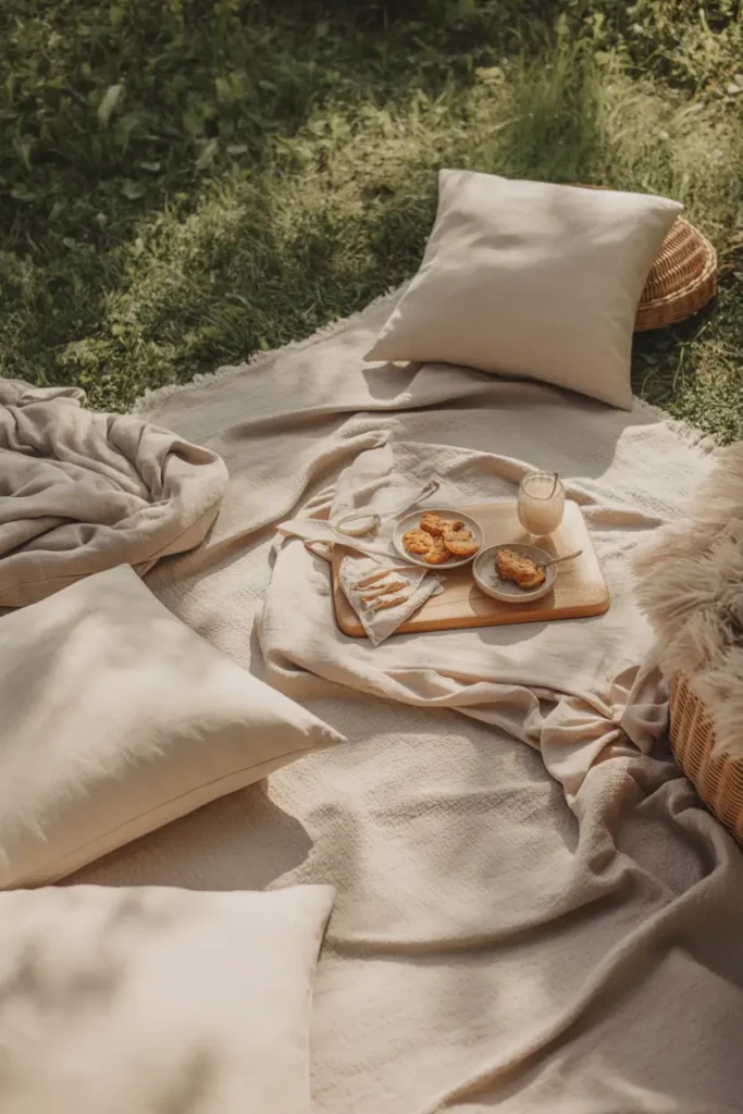 Minimal neutral outdoor picnic scene styled with beige linen blankets and soft cream cushions, wooden serving boards with simple snacks, natural greenery surrounding setup, warm diffused sunlight creating soft shadows, calm feminine aesthetic, realistic Pinterest-style lifestyle photography, cozy textures highlighted through natural lighting, peaceful and modern outdoor gathering atmosphere.