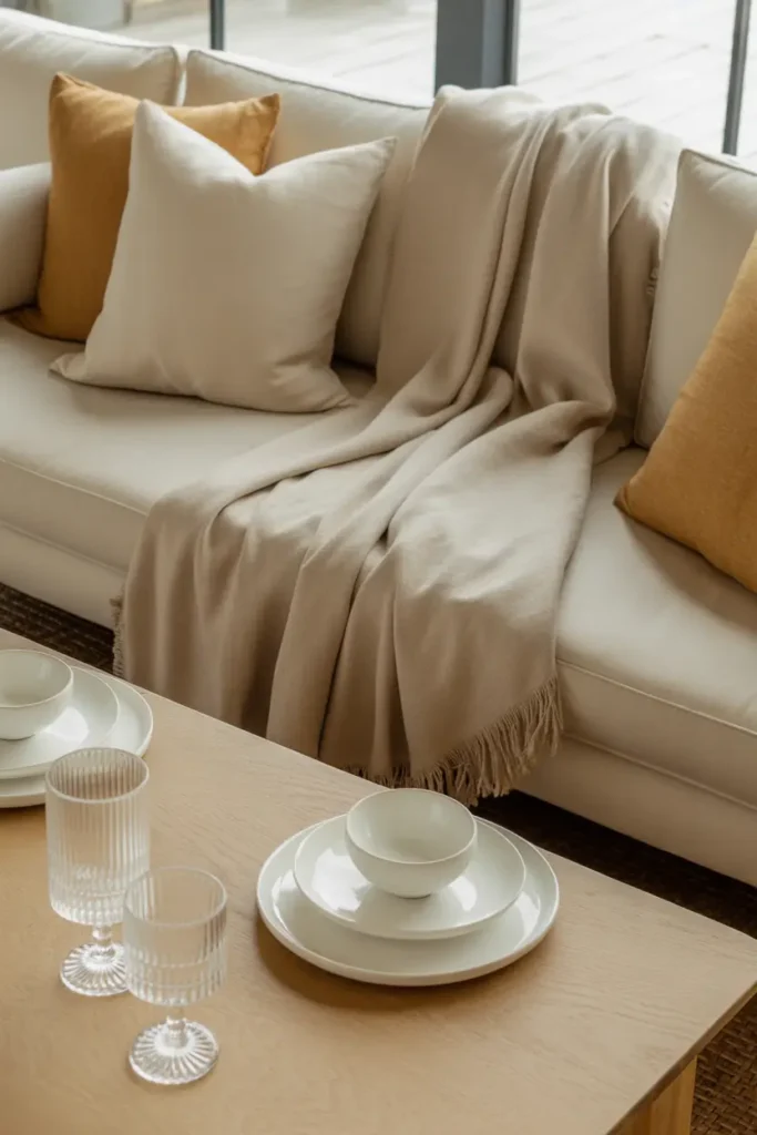 Minimal neutral picnic scene with beige blankets layered on grass, ivory cushions arranged neatly, simple wooden tray with neutral tableware, soft natural daylight illuminating textures, clean aesthetic with muted color palette, realistic Pinterest-style photography, calm cozy atmosphere, gentle shadows, modern outdoor styling focused on simplicity and warmth.