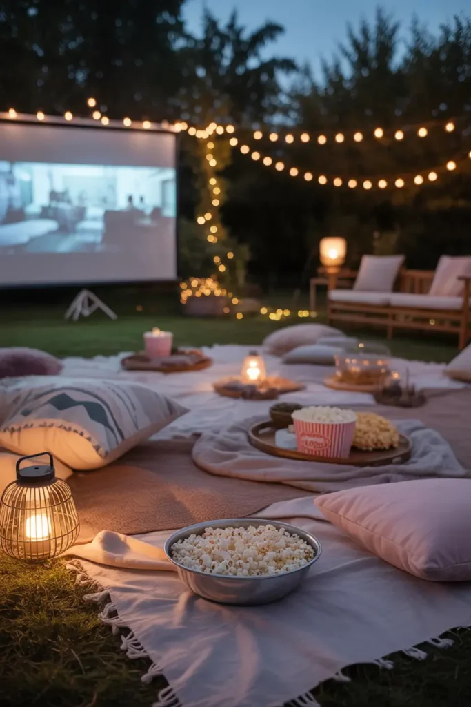 Outdoor backyard movie picnic at night with projector screen glowing softly, layered blankets and cushions arranged facing screen, fairy lights hanging overhead, popcorn bowls placed on low trays, warm lantern lighting creating cozy atmosphere, realistic Pinterest-style photography, feminine relaxed styling, cinematic outdoor setting with soft evening tones and inviting textures.