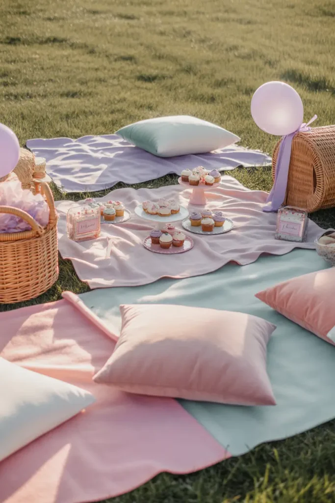 outdoor birthday picnic on grassy field styled in pastel tones, layered blankets in pink, lavender, and mint shades, low table decorated with cupcakes and small cake stands, soft balloons tied to wicker baskets, sunlight creating warm natural glow, cozy cushions arranged casually, feminine party atmosphere, realistic textures, soft golden lighting, candid lifestyle photography capturing joyful outdoor celebration mood.