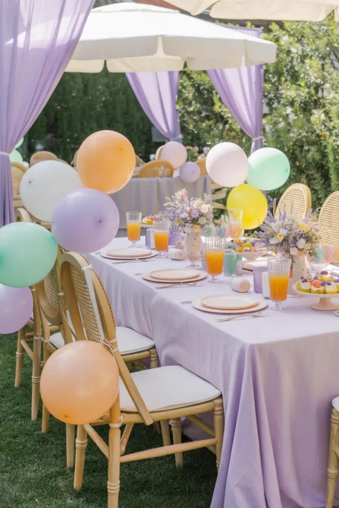 Bright pastel garden picnic styled like a Pinterest photoshoot, soft colored blankets layered across grass, pastel balloons tied to wicker baskets, low picnic table with macarons and fruit drinks, spring flowers scattered naturally, sunlight creating soft shadows, airy outdoor environment, cozy cushions, fresh seasonal vibe with gentle colors and relaxed joyful atmosphere.