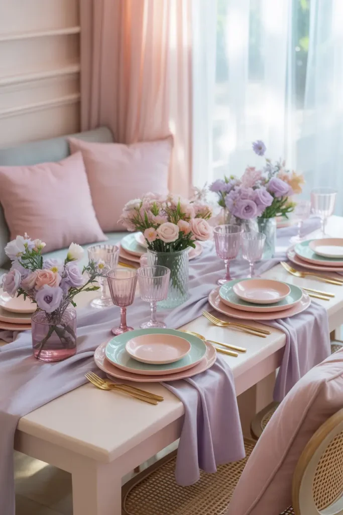 Pastel-themed picnic setup on grassy field with blush pink blankets, lavender cushions, mint table accents, delicate floral arrangements in soft tones, light wooden trays with desserts, airy natural daylight, realistic Pinterest-style photography, soft shadows, feminine cozy atmosphere, balanced styling with gentle textures and elegant outdoor party feeling.