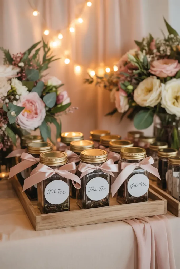 favor table showing small jars of loose-leaf tea tied with satin ribbons, handwritten name tags, wooden display trays, floral arrangements surrounding favors, soft blush backdrop, warm golden lighting, delicate textures and feminine styling creating charming bridal shower takeaway station with cozy celebratory mood.
