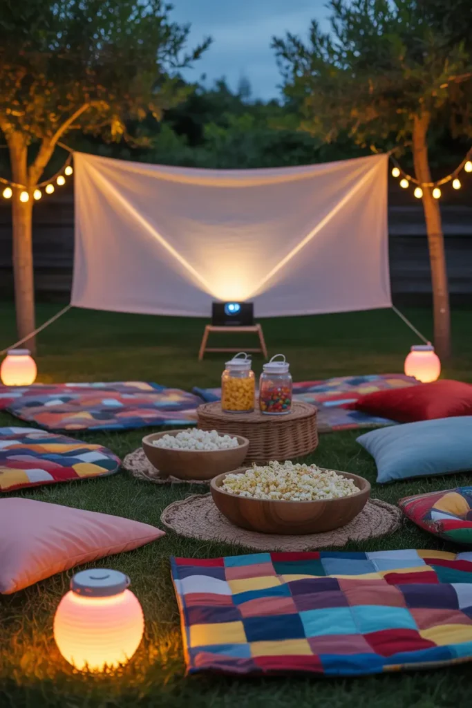 Outdoor movie night picnic with projector screen set against trees, layered blankets and cushions creating lounge seating, fairy lights glowing softly around space, snack trays with popcorn and drinks, evening lighting with cozy ambiance, realistic Pinterest-style photography, warm inviting atmosphere, cinematic outdoor gathering scene with soft textures and relaxed mood.