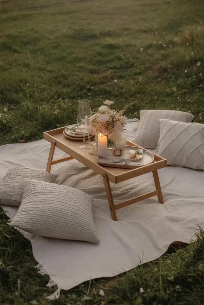 Romantic outdoor picnic scene for two set in open meadow, cream linen blanket layered with textured pillows, low wooden tray holding candles and flowers, soft sunset lighting casting golden tones, delicate tableware arranged simply, natural greenery surrounding space, cozy feminine aesthetic, realistic Pinterest-style photography with warm atmosphere, intimate peaceful mood captured with soft shadows and glowing light.