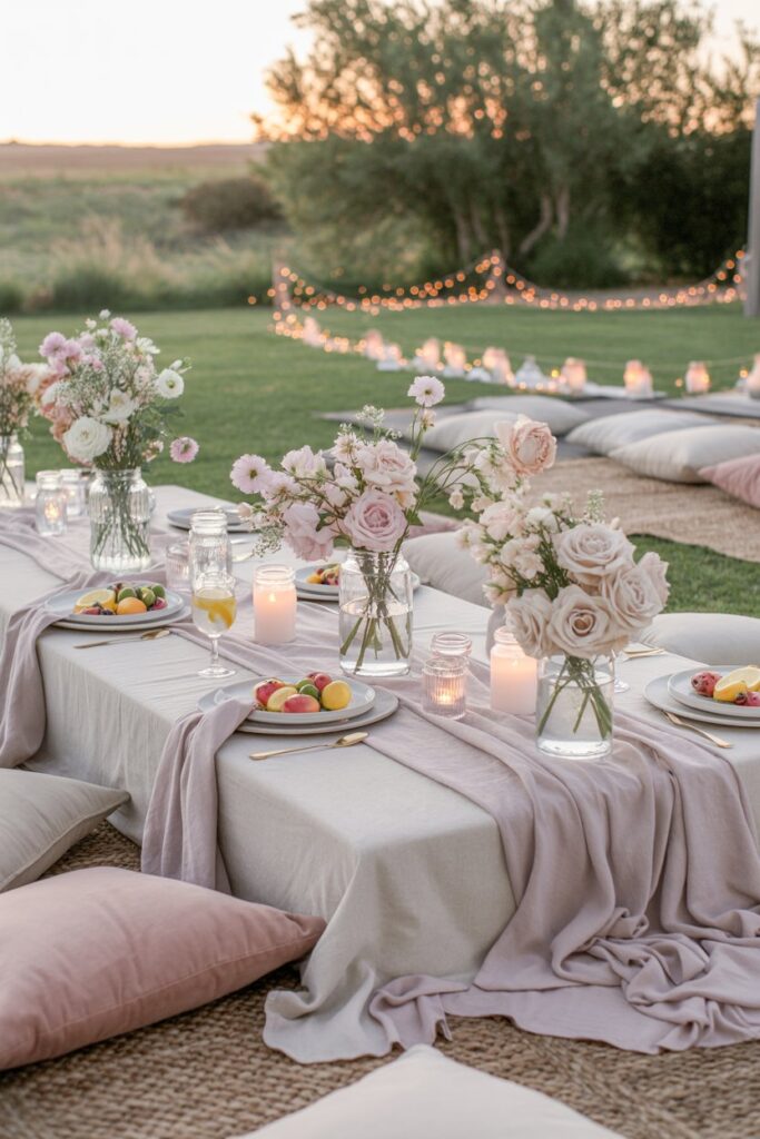 garden picnic scene with soft floral styling, layered pastel blankets on green grass, low wooden picnic table decorated with fresh roses and peonies in glass jars, warm golden hour sunlight filtering through trees, linen napkins, vintage plates, cozy floor cushions, fairy lights softly glowing in background, natural textures, airy atmosphere, shallow depth of field, relaxed romantic outdoor gathering aesthetic.