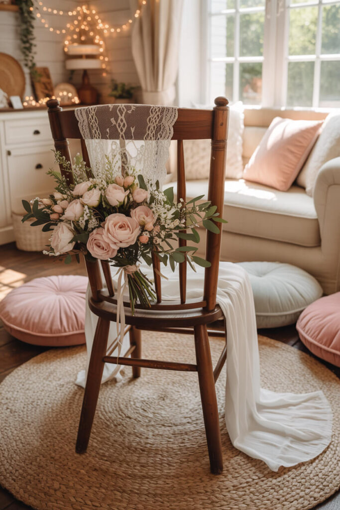 Farm baby shower special chair setup featuring a wooden chair with a lace throw, soft floral arrangement tied to backrest, warm sunlight filtering through window, woven rug beneath, pastel cushions surrounding area, cozy farmhouse interior styled with neutral tones, soft textures, and romantic Pinterest-style lighting creating an intimate celebration mood.