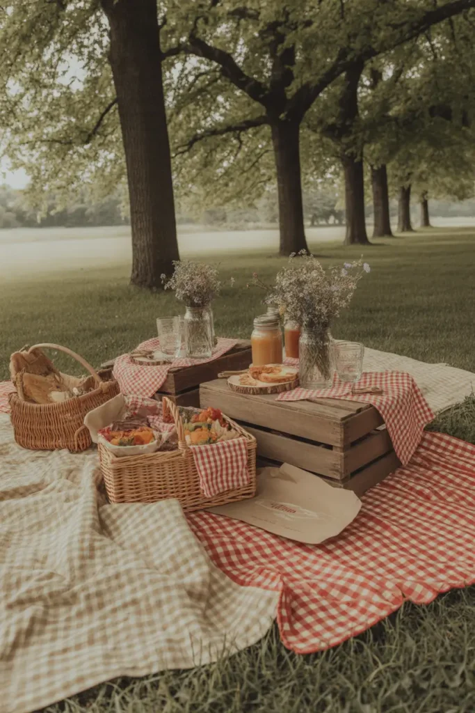 Outdoor park picnic scene with tall trees casting dappled sunlight, red and beige gingham blankets layered over grass, rustic wooden crates used as tables, mason jars filled with wildflowers, picnic baskets slightly open showing homemade food, soft natural lighting, cozy countryside mood, warm earthy tones, casual feminine styling, realistic lifestyle photography with natural textures and inviting atmosphere.