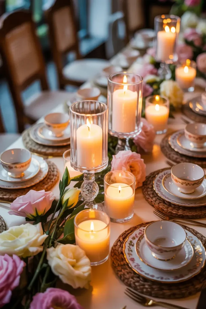 Tea party setting illuminated by multiple candles in glass holders, warm glowing light reflecting on porcelain dishes, pastel flowers arranged across table, soft shadows creating intimate cozy environment, indoor bridal shower scene styled with feminine elegance and layered textures perfect for romantic Pinterest imagery.