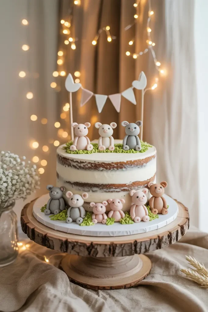 Farm baby shower cake display featuring semi-naked cake decorated with tiny fondant farm animals, wooden cake stand, linen backdrop, soft fairy lights creating gentle glow, neutral farmhouse decor with layered textures, styled under natural window light in elegant Pinterest-style photography.