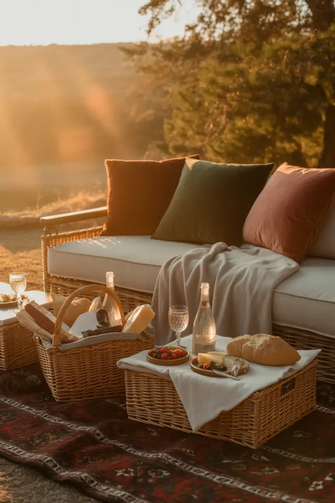 Sunset picnic lounge setup facing glowing horizon, plush cushions and soft blankets arranged on grass, low wooden table with drinks and snacks, golden sunlight casting warm tones across fabrics, dreamy evening sky background, realistic Pinterest-style photography, cozy romantic atmosphere with soft shadows and relaxed outdoor gathering mood.