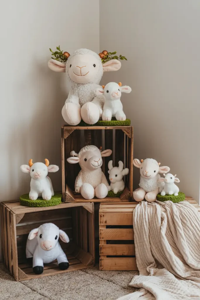 Farm baby shower decor corner styled with plush baby farm animals, wooden crates stacked at varying heights, soft knit blankets draped casually, pastel balloons floating nearby, warm natural lighting highlighting textures of wood and fabric, neutral farmhouse interior with soft shadows and cozy Pinterest-style composition.
