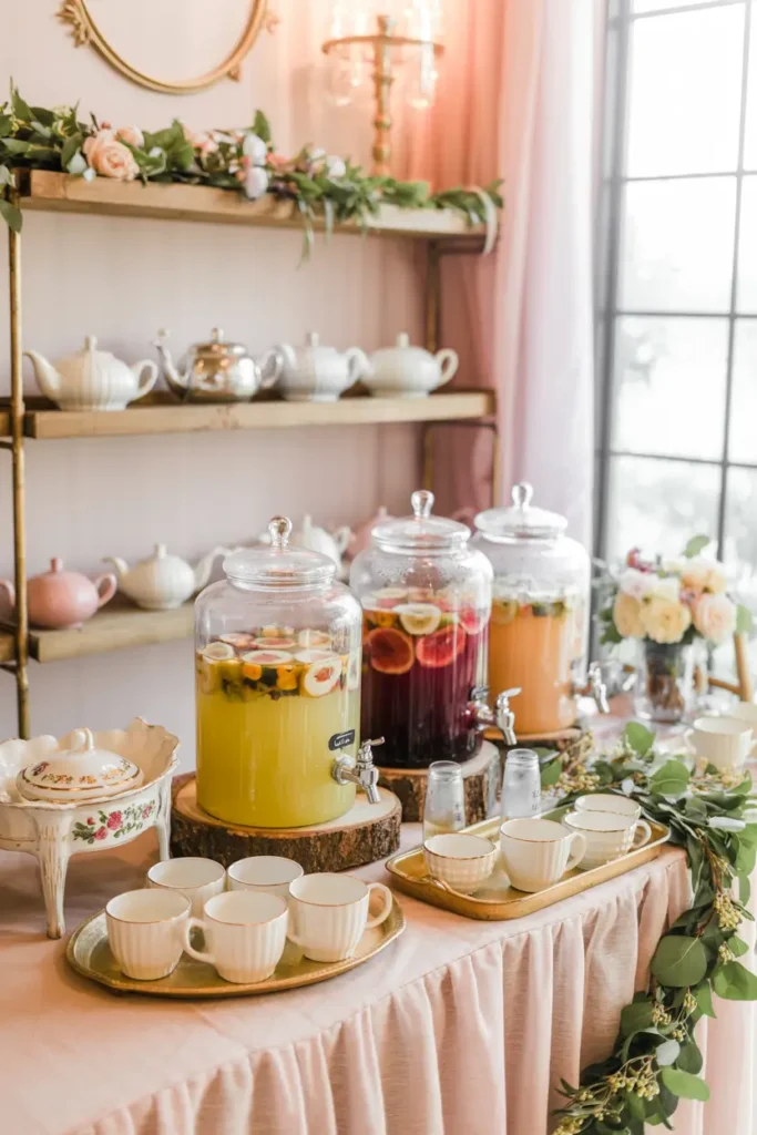 Elegant tea and mocktail station styled for Pinterest photography, featuring glass dispensers filled with fruit-infused drinks, vintage teapots arranged on wooden shelves, floral garlands draped across table edges, soft pastel backdrop, gold trays, porcelain cups, linen textures, warm natural lighting streaming through nearby window, cozy feminine celebration setup with layered decor and relaxed bridal shower atmosphere.