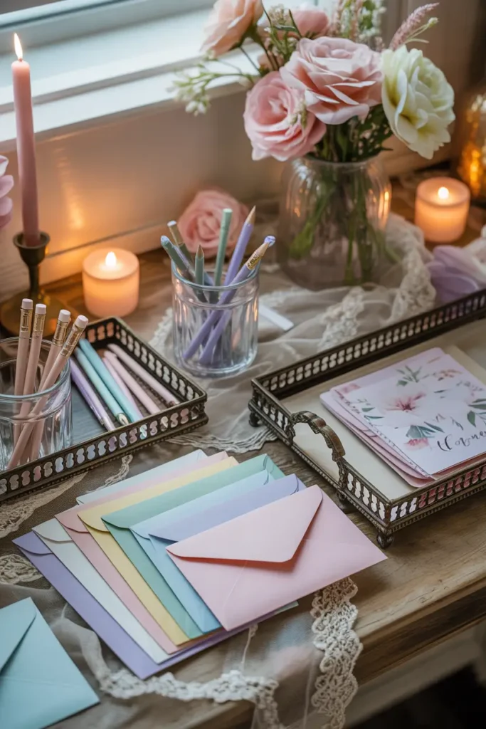 Charming stationery table featuring pastel envelopes, floral pens, textured paper cards, vintage tray organizers, soft lace cloth, warm ambient lighting, cozy feminine workspace designed for bridal shower activity area with relaxed Pinterest-style aesthetic and delicate decorative touches.
