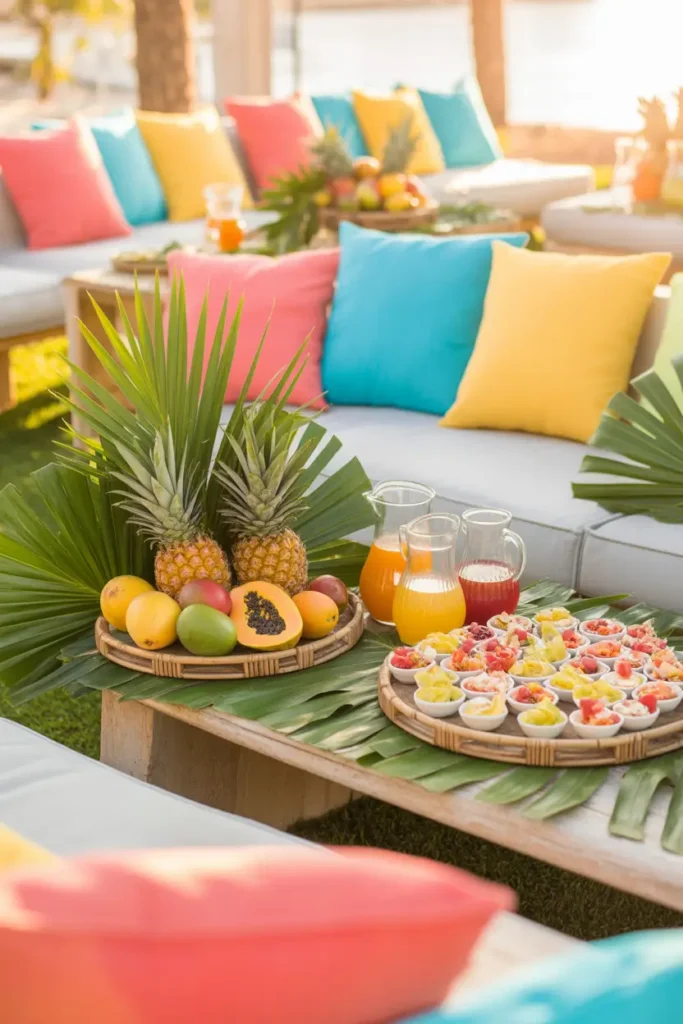 Tropical picnic setup with palm leaf decor, colorful cushions in coral and green tones, bamboo trays filled with fruit and drinks, bright natural sunlight, woven textures layered over grass, realistic Pinterest-style outdoor photography, vibrant yet cozy atmosphere, relaxed summer party mood with fresh lively styling.