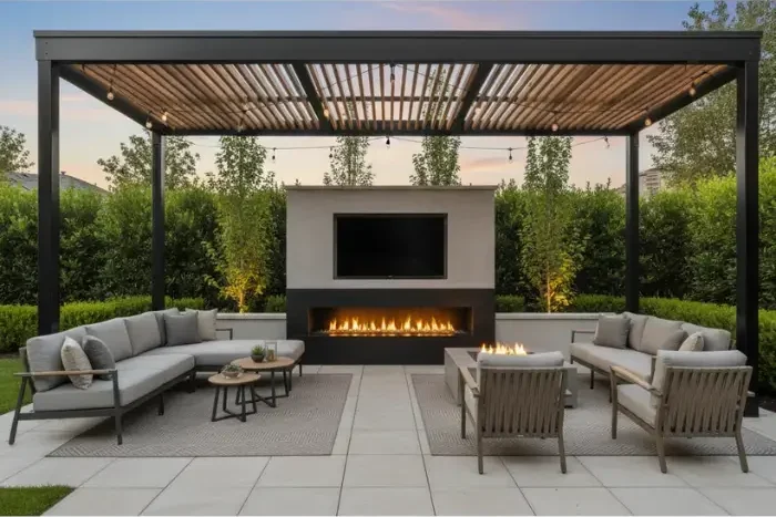 Modern outdoor fireplace adding warmth to patio setting.