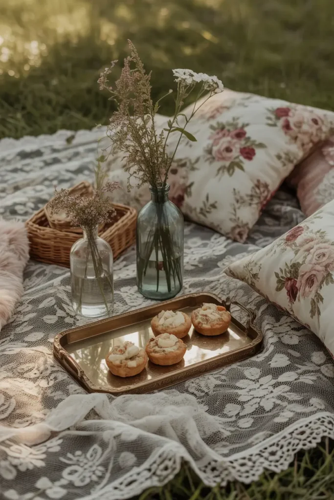 Vintage outdoor picnic styled with lace blankets layered over grass, antique trays holding pastries, floral cushions in muted tones, glass bottles used as vases with wildflowers, warm afternoon sunlight creating soft nostalgic glow, rustic textures mixed with feminine details, realistic Pinterest-style photography capturing timeless cozy atmosphere with natural lighting and relaxed elegant mood.