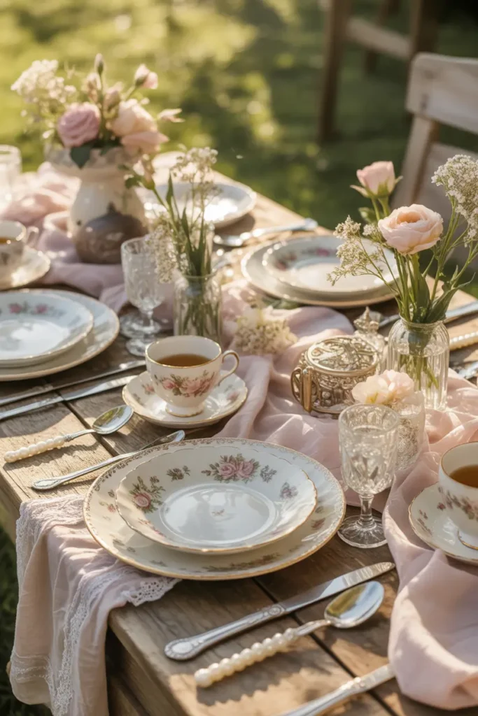 Vintage tea party picnic scene outdoors with lace table runner, floral teacups and porcelain plates arranged on low table, pastel cushions placed on layered blankets, fresh roses in glass jars, warm natural daylight, realistic Pinterest-style photography, romantic feminine atmosphere, soft textures and nostalgic styling creating cozy elegant garden setting.