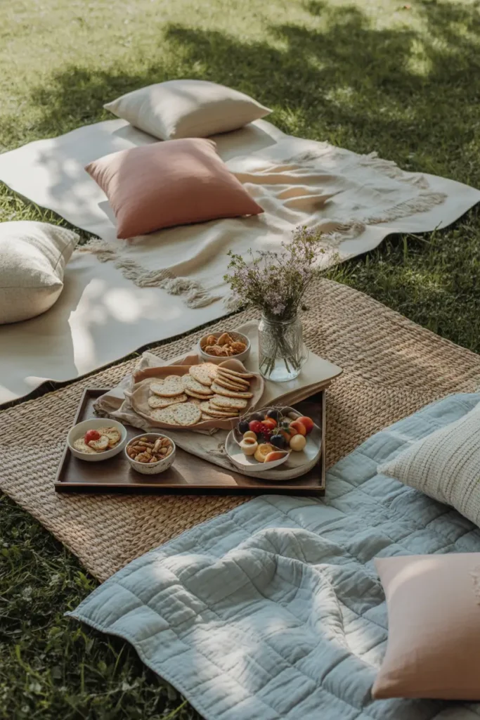 outdoor picnic scene set in soft golden afternoon light, layered neutral blankets spread across green grass with textured woven rugs underneath, linen cushions in blush and cream tones, wooden serving trays with fruit and pastries, delicate glass jars with wildflowers, soft shadows, cozy relaxed atmosphere, natural styling, realistic photography look with warm sunlight filtering through trees and gentle depth of field.